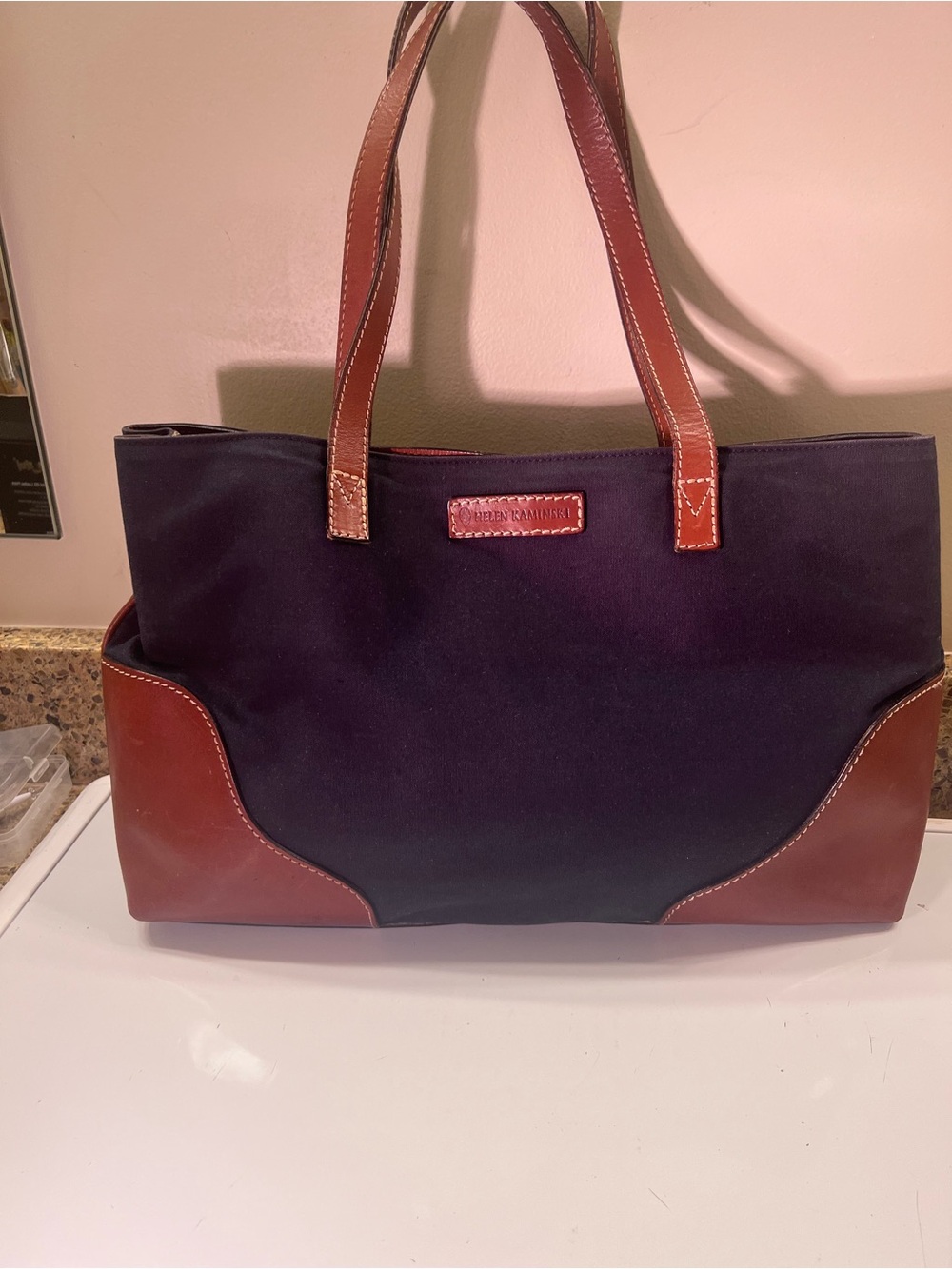 Helen Kaminski Navy Canvas Tote with Brown Leather Trim 16”x 10”x 3”